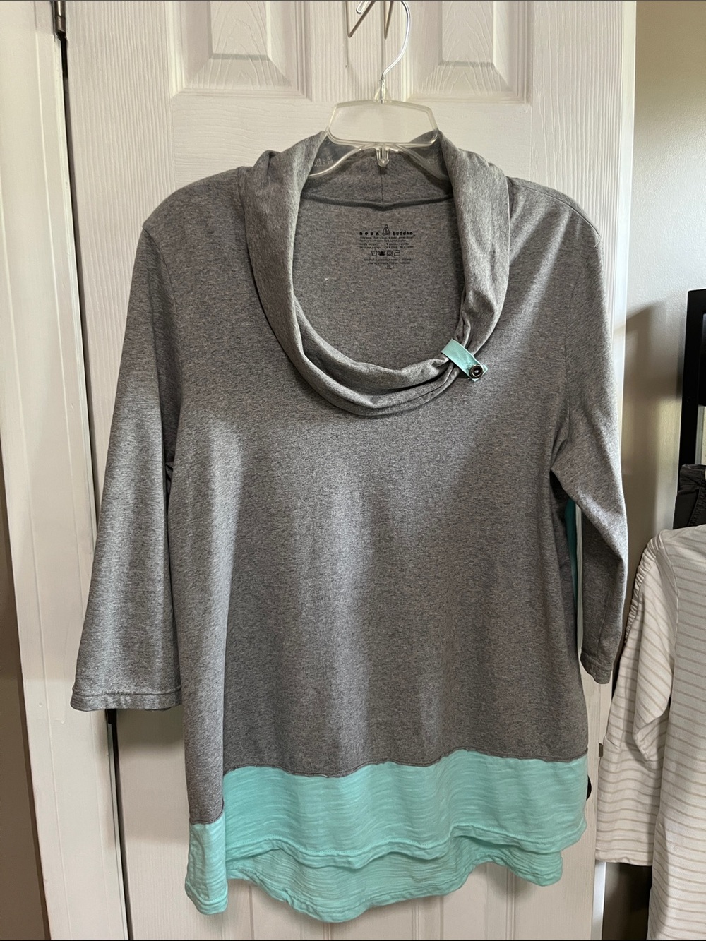 neon buddha Gray Cowl Neck Top with Mint Layered Hem